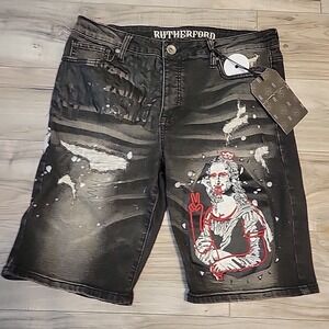Rutherford Denim Jeans Shorts Mens 42‎ Black Fading Distressed Grapic Design NEW